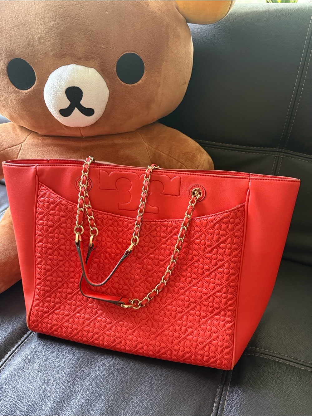 Red/Orange Quilted Tote Bag with Gold Chain Handles